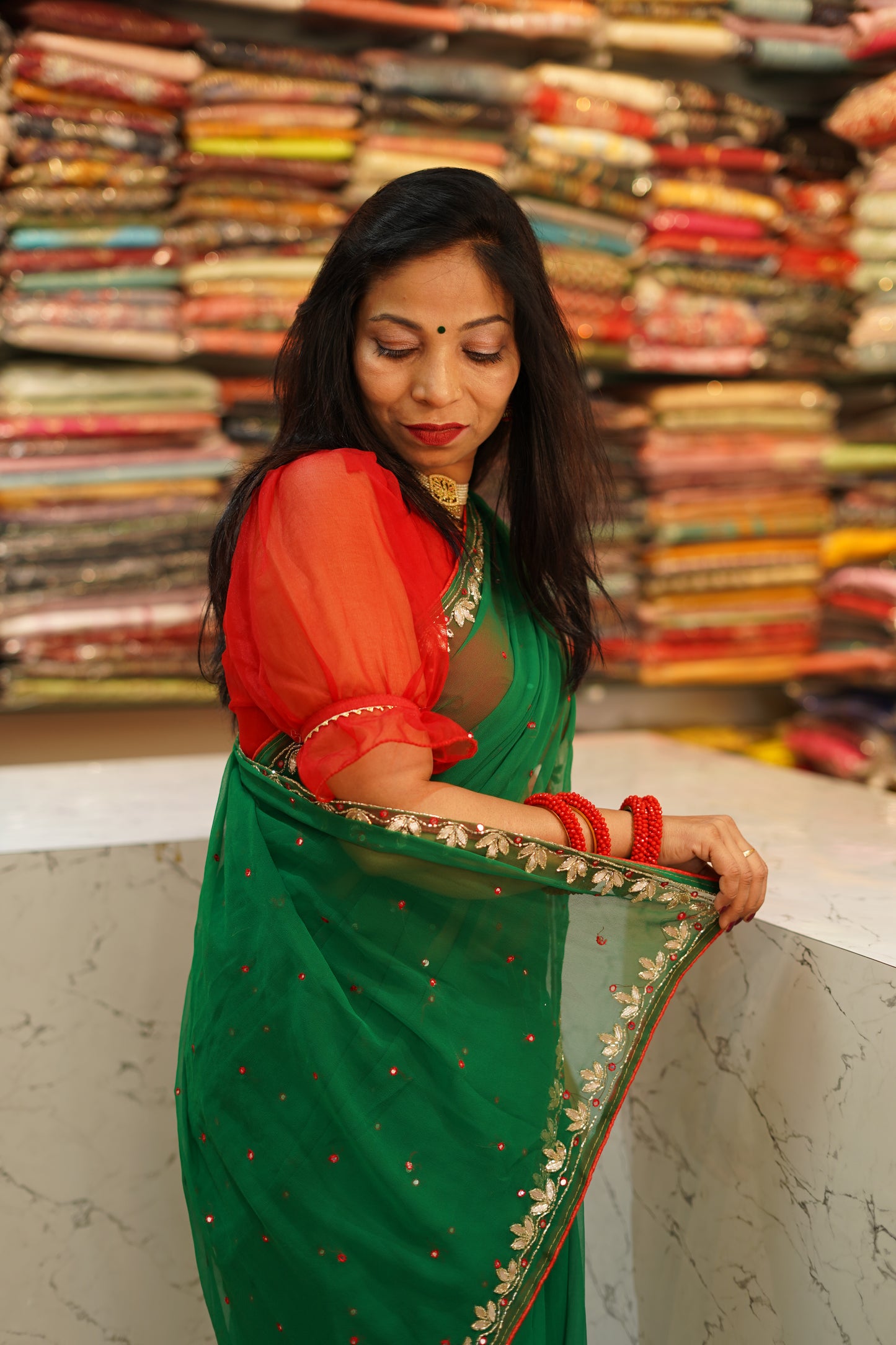 VRNY Green Chiffon Saree