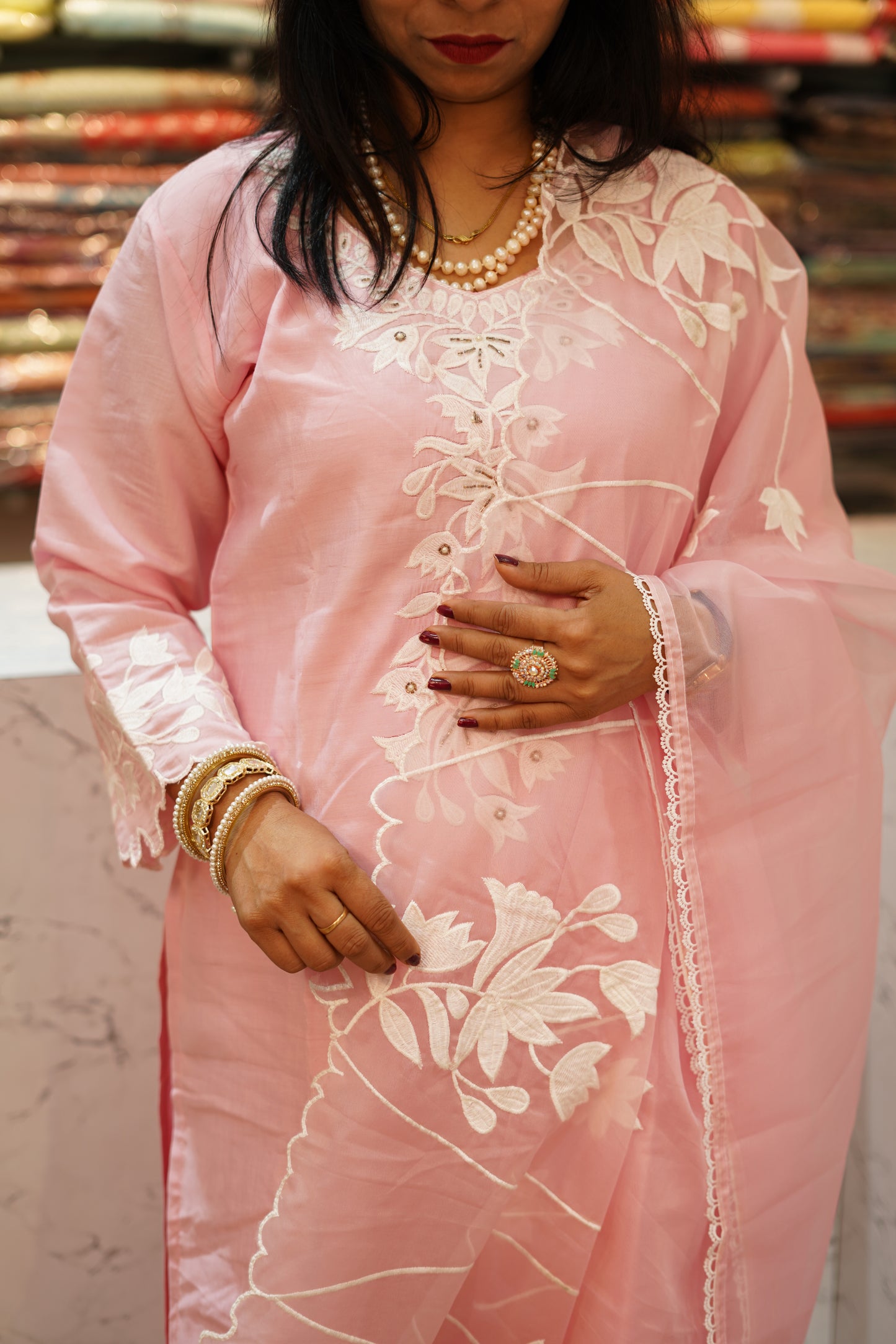 VRNY Roman Silk Pink Suit With Organza Duppata