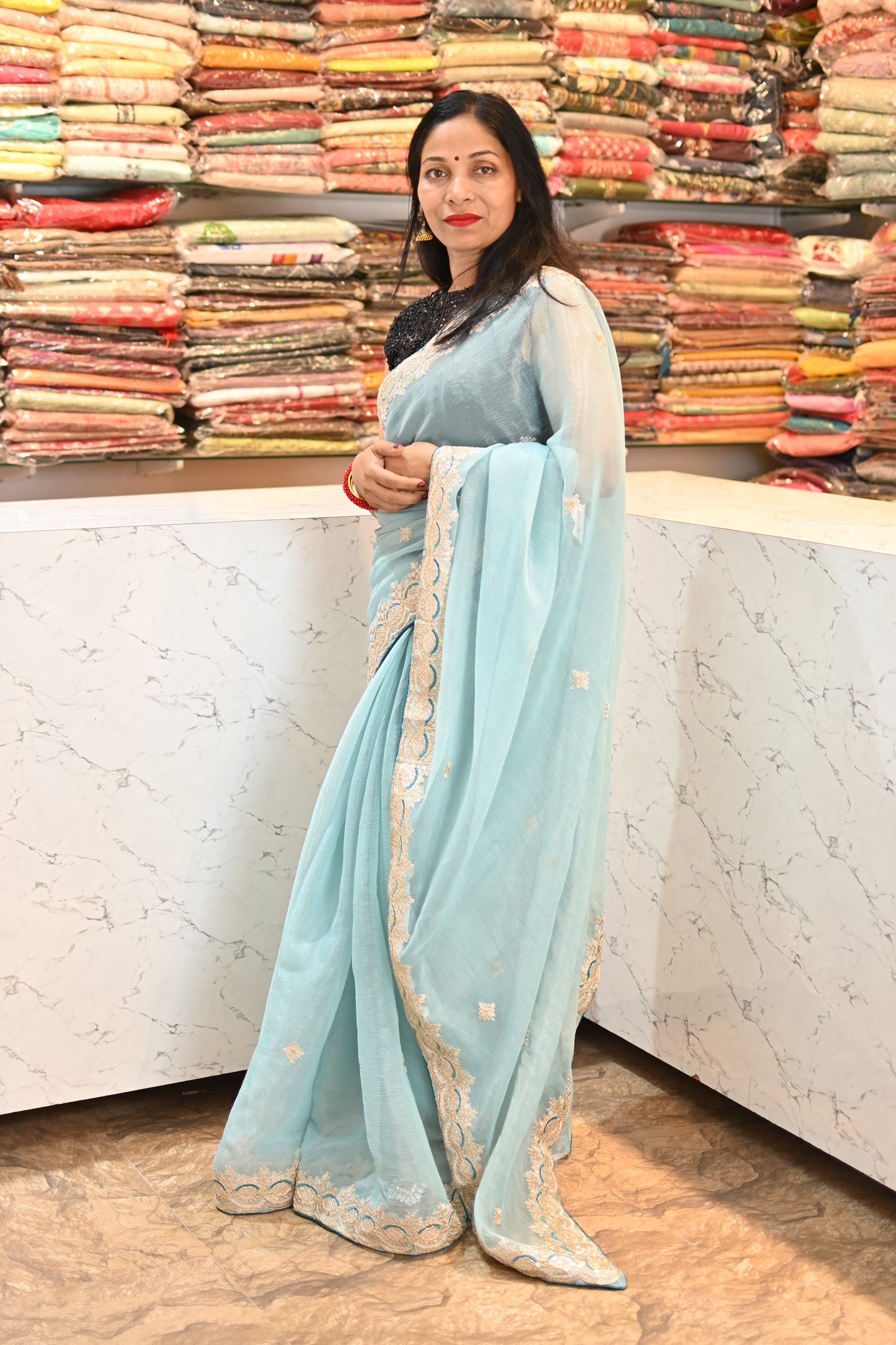 VRNY Crunchy Chiffon Saree With Gota Border