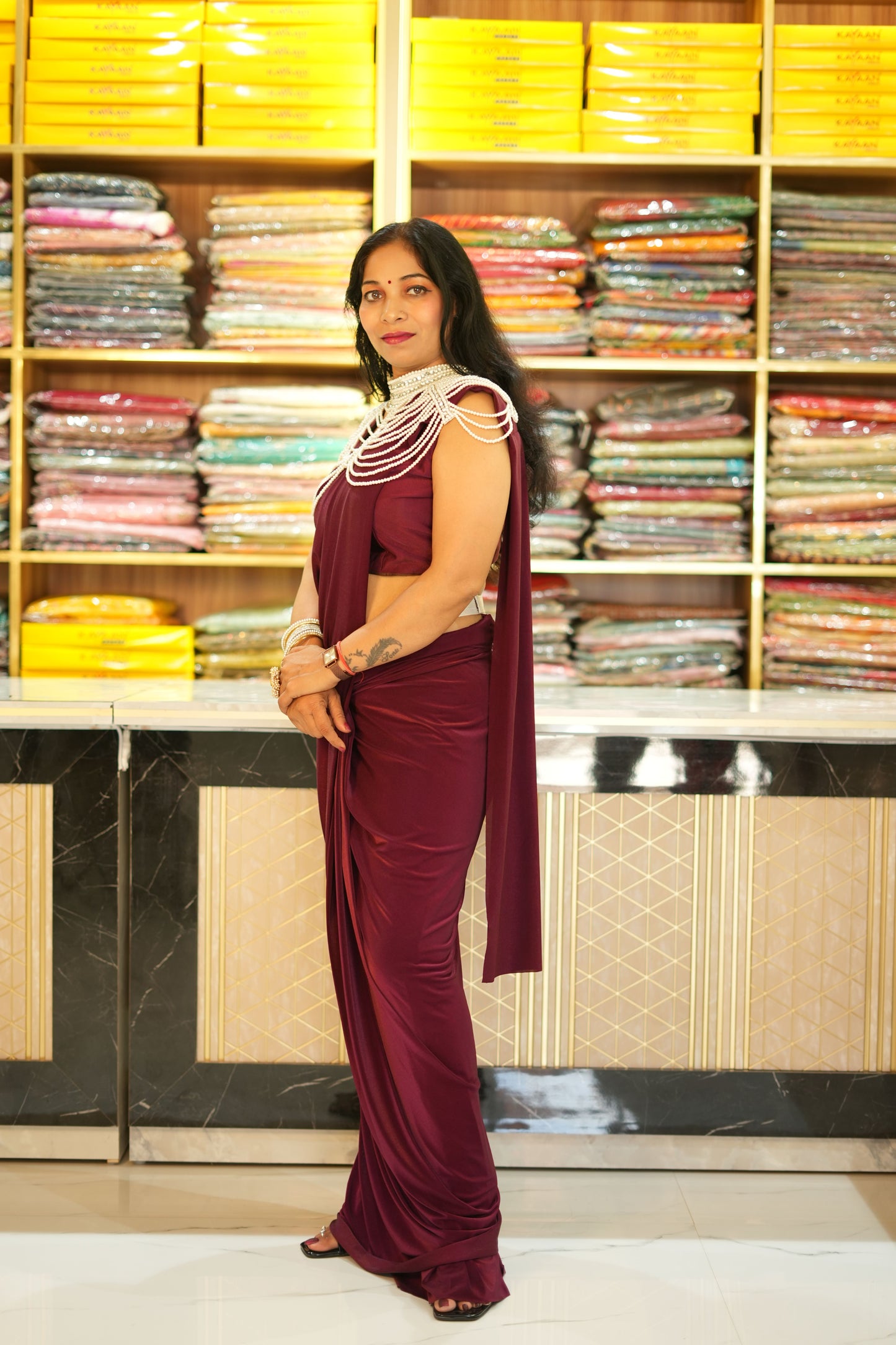 VRNY Maroon Heavy Neck Saree