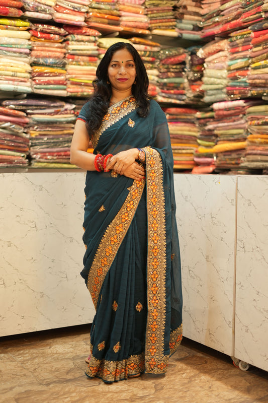 VRNY Chiffon Saree With Embroidery & Motifs