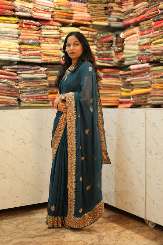 VRNY Chiffon Saree With Embroidery & Motifs