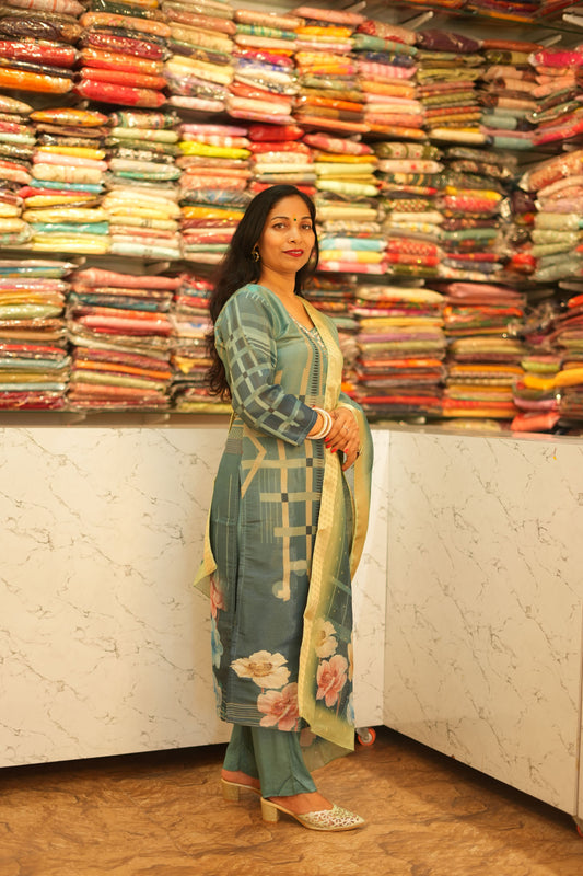 VRNY Digital Floral Printed Shimmer Organza Suit