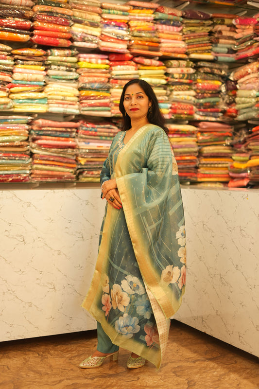 VRNY Digital Floral Printed Shimmer Organza Suit