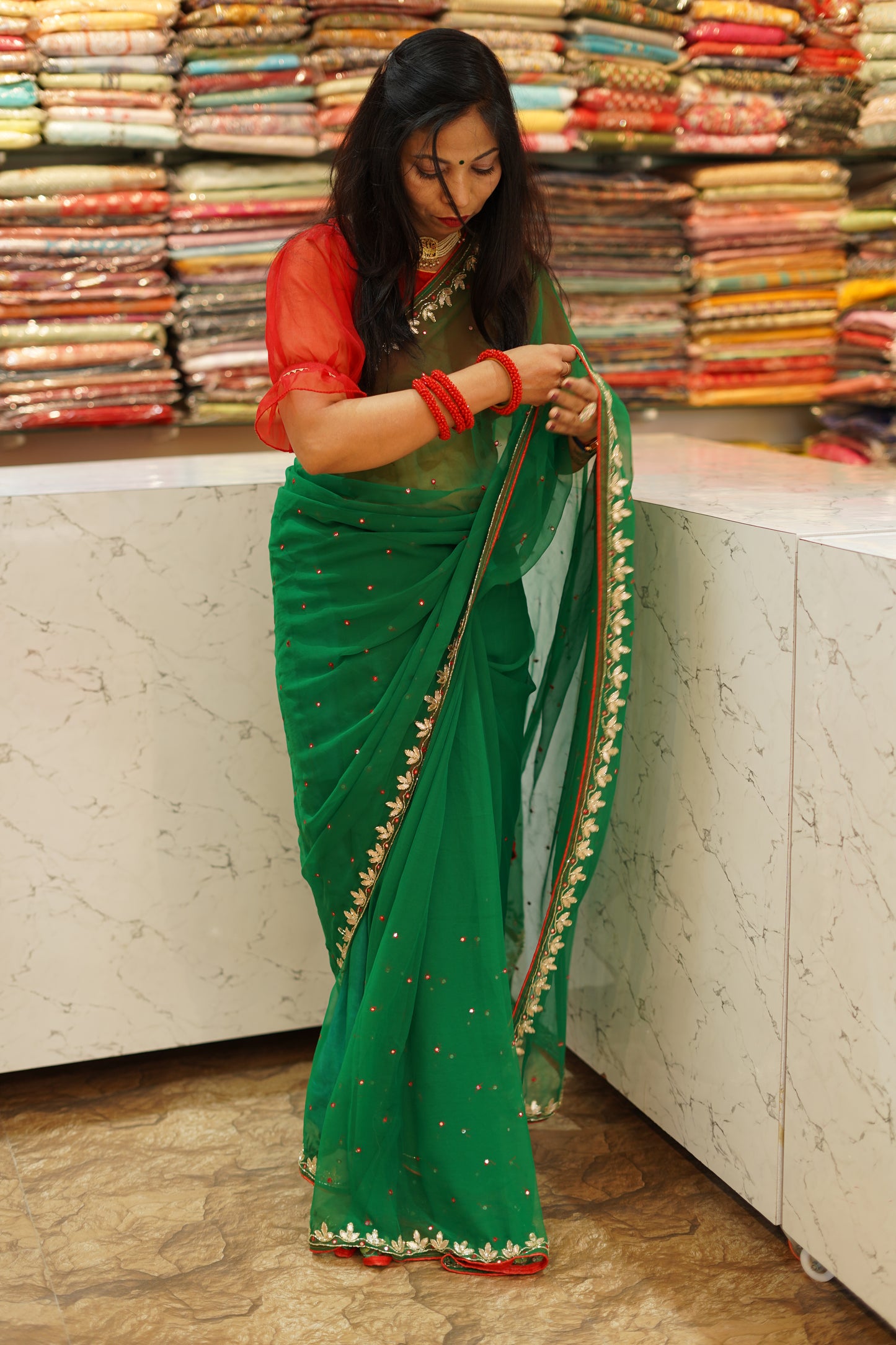 VRNY Green Chiffon Saree