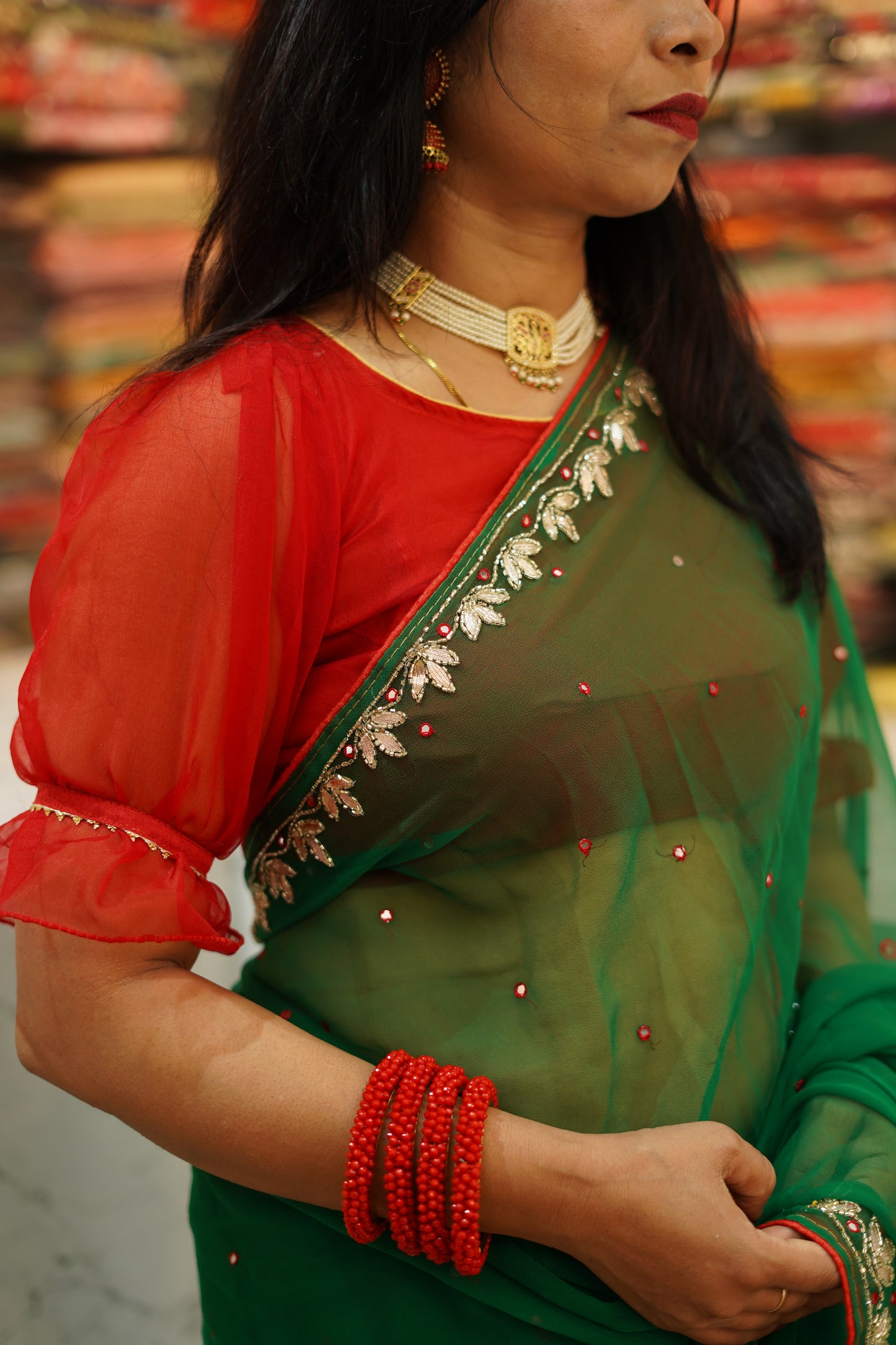 VRNY Green Chiffon Saree