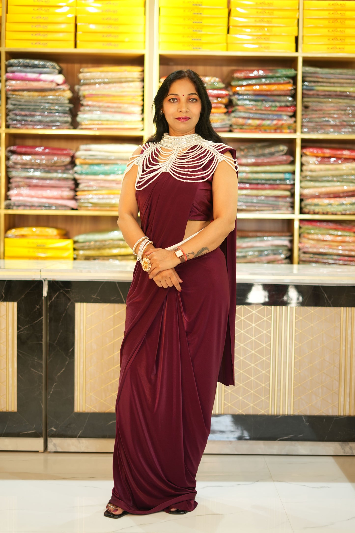 VRNY Maroon Heavy Neck Saree