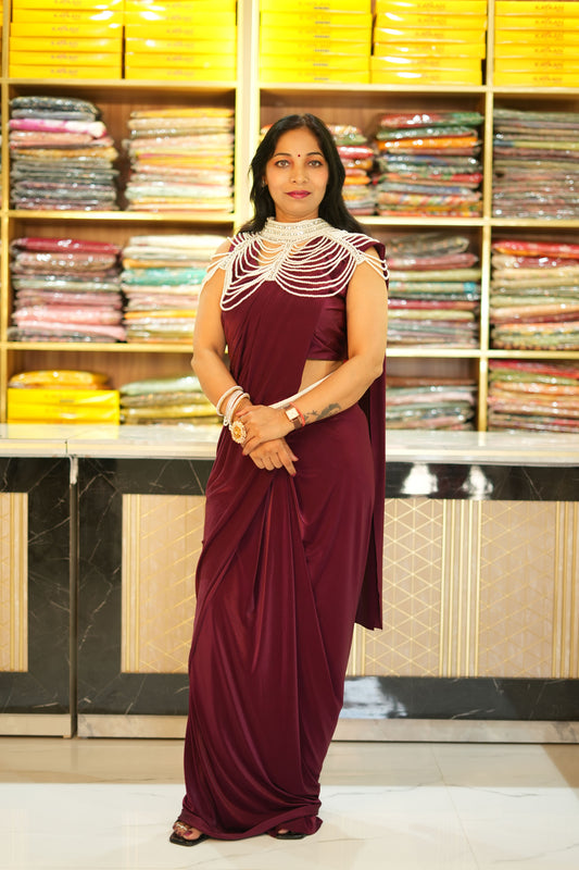 VRNY Maroon Heavy Neck Saree