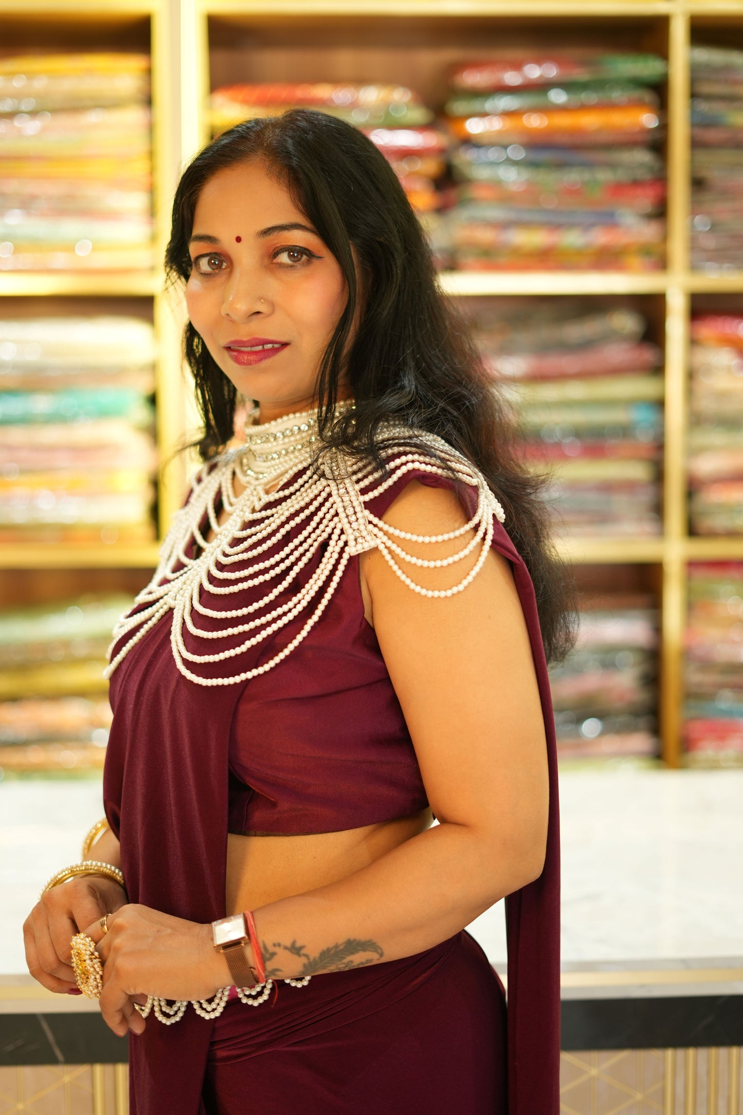 VRNY Maroon Heavy Neck Saree