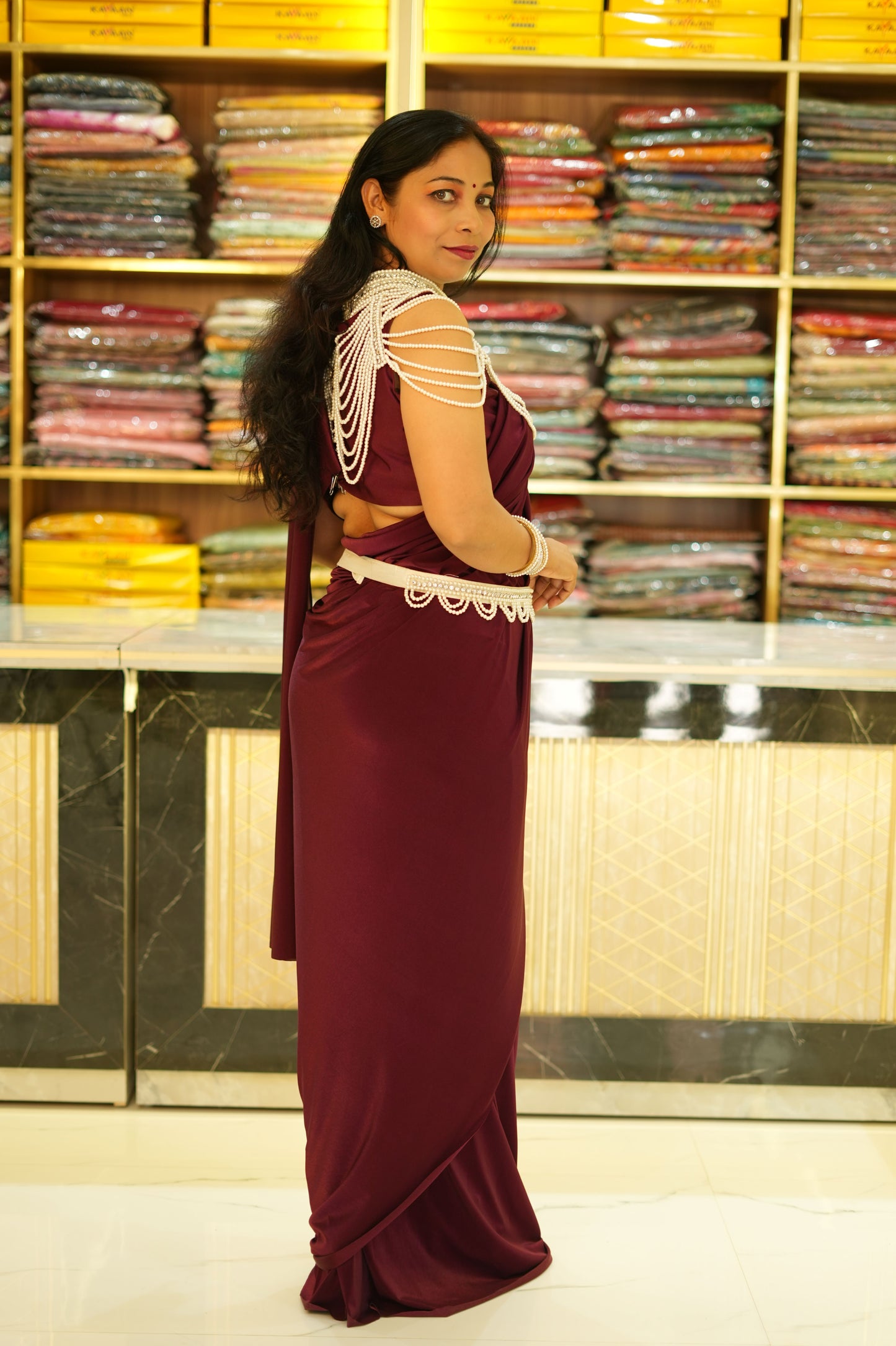 VRNY Maroon Heavy Neck Saree